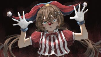 1girl :3 absurdres arms_up blue_eyes bow bowtie broken_heart brown_hair clown_nose commentary crazy_eyes english_commentary facial_mark gloves hair_between_eyes hair_ornament hat heart heart_hair_ornament highres jester_cap kan1360 long_hair looking_at_viewer low_twintails neuro-sama parted_lips puffy_short_sleeves puffy_sleeves red_bow red_bowtie red_hat red_nose red_shirt shirt short_sleeves short_twintails simple_background skirt solo star_(symbol) stuffed_animal stuffed_toy teardrop_facial_mark twintails upper_body vedal_ai virtual_youtuber white_gloves x_(symbol) x_facial_mark x_hair_ornament