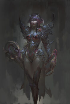 1girl absurdres adapted_costume armor armored_boots black_hair boots christian_angel highres huge_weapon kill_la_kill matoi_ryuuko multicolored_hair pauldrons red_hair scissor_blade_(kill_la_kill) senketsu shoulder_armor spiked_pauldrons spikes two-tone_hair weapon