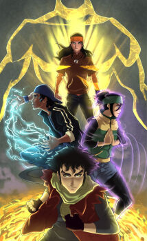 1girl 3boys artist_request asami_koizumi astral_projection baseball_cap dark_skin dc_comics eduardo_dorado electricity fingerless_gloves gloves glowing glowing_eyes dreadlocks hat headband highres jewelry multiple_boys necklace scarf source_request static tye_longshadow vest virgil_ovid_hawkins young_justice:_invasion