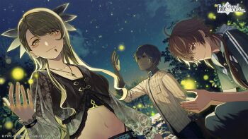 1girl 2boys ahoge arjuna_(fate) black_hair blonde_hair breasts brown_eyes brown_hair cleavage copyright_name copyright_notice crop_top dark-skinned_male dark_skin dragon_girl dragon_horns earrings facial_mark fate/grand_order fate_(series) fireflies highres hood hooded_jacket horns jacket jewelry kino_itika logo long_hair looking_at_viewer midriff multiple_boys navel necklace night night_sky official_art promotional_art rama_(fate) second-party_source shirt short_hair side_labret_piercing sky smile star_(sky) tree vritra_(fate) yellow_eyes