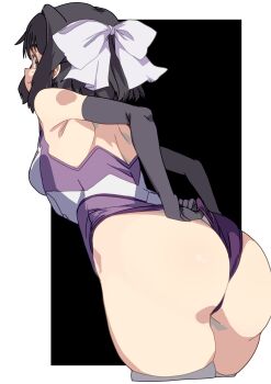 1girl absurdres ass black_gloves black_hair bow breasts elbow_gloves feet_out_of_frame gloves hair_bow highres inagata kohinata_miku leotard looking_at_viewer looking_back medium_breasts senki_zesshou_symphogear short_hair solo standing