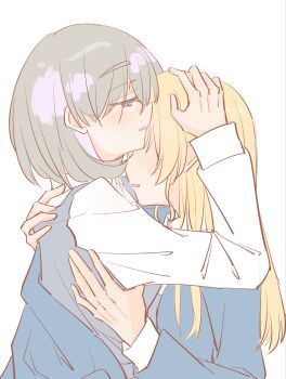 2girls absurdres blonde_hair blue_eyes blue_jacket blush dress grey_dress grey_hair hand_blush hand_on_another&#039;s_back hand_on_another&#039;s_head heanna_sumire highres jacket long_hair love_live! love_live!_superstar!! multiple_girls parted_lips pinafore_dress purple_streaks school_uniform simple_background sleeveless sleeveless_dress taihai_tuifei tang_keke white_background yuigaoka_school_uniform yuri