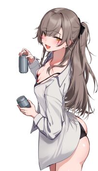 1girl 3_small_spiders black_bra black_panties blush bra breasts brown_hair collared_shirt commentary_request girls'_frontline girls'_frontline_2:_exilium highres holding leva_(girls'_frontline_2) long_hair long_sleeves looking_at_viewer open_mouth panties ponytail shirt small_breasts smile solo standing ump45_(girls'_frontline) underwear white_background white_shirt yellow_eyes