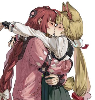 2girls alice_thymefield animal_ear_fluff animal_ears arms_around_neck black_gloves blonde_hair blush braid braided_twintails cardigan closed_eyes commentary fingerless_gloves from_side gloves green_skirt hair_ornament hearing_aid highres hug kiss long_hair low_twintails multiple_girls pink_cardigan rabbit_ears rabbit_girl rabbit_tail red_hair shirt simple_background skirt sphere_hair_ornament tail twintails ukinami_yuzuha upper_body white_background white_shirt yuri zenless_zone_zero zx277x