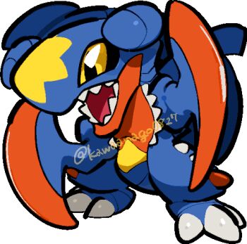 black_sclera chibi chibi_only colored_sclera commentary_request full_body garchomp gen_4_pokemon kawaanago lowres mega_garchomp mega_pokemon nintendo no_humans open_mouth pokemon pokemon_(creature) pokemon_focus sharp_teeth solo teeth transparent_background twitter_username yellow_eyes