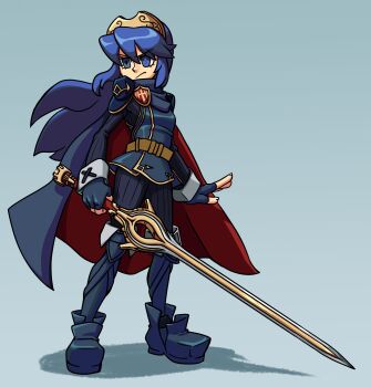 Rule 34 | 1girl, absurdres, alex ahad (style), blue bodysuit, blue boots, blue cape, blue eyes, blue gloves, blue hair, blue tunic, bodysuit, boots, brand of the exalt, brooch, cape, commentary, english commentary, falchion (fire emblem), fingerless gloves, fire emblem, fire emblem awakening, frown, full body, gloves, heterochromia, highres, holding, holding sword, holding weapon, jewelry, knee boots, long hair, long sleeves, lucina (fire emblem), madamerinrin, nintendo, parody, red cape, ribbed bodysuit, solo, style parody, sword, symbol in eye, tiara, tunic, two-sided cape, two-sided fabric, v-shaped eyebrows, weapon