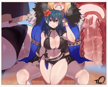 1boy 1girl ass bad_id bad_twitter_id bikini bikini_bottom_aside black_bikini blonde_hair blue_hair breasts female_byleth_(fire_emblem) female_byleth_(summer)_(fire_emblem) chain cleavage clenched_teeth clothing_aside cross-section cum cum_in_ass cum_in_pussy dagger ejaculation emotionless_sex expressionless fire_emblem fire_emblem:_three_houses flower hair_between_eyes hair_flower hair_ornament hetero highres internal_cumshot knife large_breasts long_hair looking_at_viewer navel nintendo nyantcha official_alternate_costume penis purple_eyes reverse_upright_straddle sex sex_from_behind sitting solo_focus stealth_sex swimsuit teeth textless_version uncensored vaginal weapon