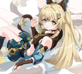 1girl absurdres bare_shoulders black_shirt blonde_hair cat_tail commentary crop_top detached_sleeves genshin_impact green_eyes hand_up highres kirara_(genshin_impact) long_hair looking_at_viewer maxwelzy midriff shirt skirt smile tail thighs very_long_hair zoom_layer