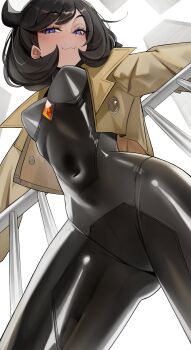 1girl :3 absurdres against_railing black_bodysuit black_hair bodysuit breasts brown_jacket closed_mouth covered_navel emma_(pokemon) highres jacket kiritzugu looking_at_viewer medium_breasts nintendo outstretched_arms pokemon pokemon_legends:_z-a purple_eyes railing short_hair skin_tight solo