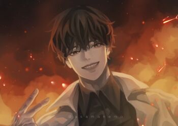 Rule 34 | 1boy, asamanemo, black eyes, black hair, black shirt, burning, coat, collared shirt, commentary, embers, english commentary, evil grin, evil smile, fire, grin, hand up, highres, kim dokja, looking at viewer, omniscient reader's viewpoint, open clothes, open coat, popped collar, shirt, short hair, smile, sparkling eyes, upper body, v, white coat
