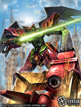 after_war_gundam_x black_wings commentary_request copyright_logo copyright_name copyright_notice energy_sword green_eyes gundam gundam_card_game gundam_virsago holding holding_sword holding_weapon logo mecha mechanical_wings mobile_suit no_humans official_art outdoors robot science_fiction smoke soezy solo sparks sword v-fin weapon wings