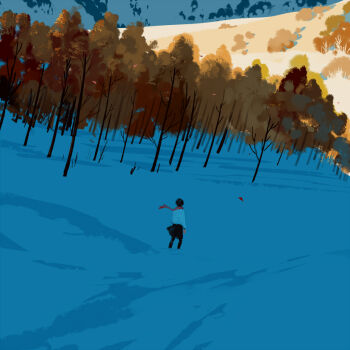 1girl bangqiao_yan black_hair black_pants black_skirt forest from_behind long_sleeves mountainous_horizon nature original pants paper_airplane red_scarf scarf scenery shirt short_hair skirt snow solo tree walking white_shirt