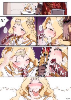 2boys blonde_hair blush charles_(gu599) eating elden_ring elden_ring:_shadow_of_the_erdtree fellatio food food_in_mouth food_on_face half-siblings highres licking long_hair mayonnaise miquella_(elden_ring) multiple_boys oral phallic_symbol promised_consort_radahn sausage sexually_suggestive siblings simulated_fellatio suggestive_fluid table trap tunic very_long_hair white_tunic yaoi