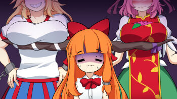 3girls blonde_hair blue_skirt blush bmkro bow bowtie breasts closed_mouth embarrassed gloom_(expression) green_skirt grin hands_on_own_hips horns hoshiguma_yuugi ibaraki_kasen ibuki_suika large_breasts large_horns long_hair medium_hair multiple_girls oni orange_hair parted_lips pink_hair red_bow red_bowtie red_tabard sharp_teeth shirt short_sleeves skirt sleeveless sleeveless_shirt smile striped_clothes striped_skirt sweat sweatdrop t-shirt tabard teeth touhou vertical-striped_clothes vertical-striped_skirt white_shirt
