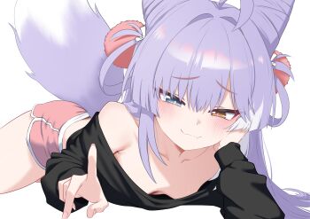 1girl :3 absurdres ahoge bare_shoulders black_shirt blue_eyes breasts closed_mouth cone_hair_bun dolphin_shorts downblouse extended_downblouse fang fox_tail hair_bun hair_ornament hair_rings heterochromia highres loli long_hair long_sleeves looking_down lying midriff multicolored_hair no_bra off_shoulder oldsickkim on_stomach pink_shorts pom_pom_(clothes) pom_pom_hair_ornament purple_hair shirt short_shorts shorts small_breasts smile solo stellive tail tail_raised tenko_shibuki thighs two-tone_hair virtual_youtuber white_background yellow_eyes