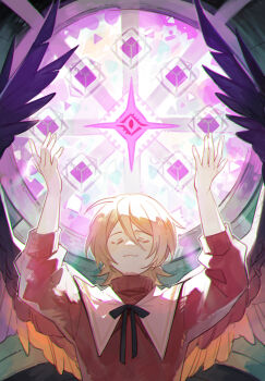 Rule 34 | 1boy, :3, animification, arms up, bird boy, bird wings, bishounen, black ribbon, blonde hair, brown hair, capelet, check copyright, closed eyes, commentary, copyright request, english commentary, evolution smp, feathered wings, flipped hair, grian (youtuber), hair between eyes, highres, long sleeves, luminous slime, male focus, minecraft youtube, red sweater, ribbon, short hair, smile, solo, sweater, turtleneck, turtleneck sweater, u u, upper body, watcher (evolution smp), white capelet, wings