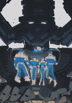 1girl 4boys ben_grimm bodysuit boots brother_and_sister dotori_012 fantastic_four galactus hashtag-only_commentary height_difference helmet husband_and_wife johnny_storm marvel multicolored_bodysuit multiple_boys no_pupils reed_richards scene_reference siblings size_difference sue_storm the_fantastic_four:_first_steps two-tone_bodysuit white_background white_boots