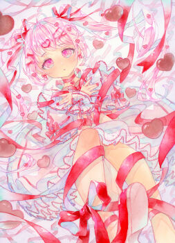 1girl absurdres amu_(m_aa) antenna_hair artist_name blush candy chocolate chocolate_heart choker dot_nose dress food frilled_dress frills hair_ribbon heart heart-shaped_food highres leg_ribbon looking_at_viewer nail_polish original own_hands_together painting_(medium) parted_lips purple_eyes red_choker red_nails red_ribbon red_shoes ribbon shoes sidelocks signature solo traditional_media twintails valentine watercolor_(medium) white_dress