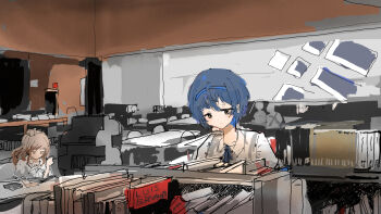 2girls blue_hair blue_hairband blue_ribbon book bookshelf brown_eyes brown_hair cevio closed_mouth collared_shirt commentary_request hair_bun hairband highres indoors kabuyama_kaigi library long_hair multiple_girls neck_ribbon reading ribbon satou_sasara shelf shirt short_hair short_sleeves side_ponytail single_side_bun sitting standing suzuki_tsudumi table white_shirt