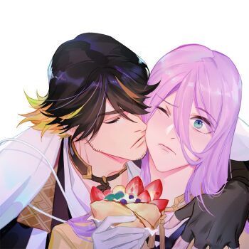 2boys black_gloves black_hair blue_eyes closed_eyes closed_mouth commentary_request crepe fingerless_gloves food fruit gloves kashuu_kiyomitsu kiss kissing_cheek male_focus mikazuki_munechika multiple_boys ncww_rinichi one_eye_closed purple_hair short_hair simple_background sparse_stubble strawberry touken_ranbu white_background white_gloves yaoi