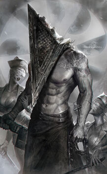 1boy 2girls artist_name black_nails breasts bubble_head_nurse chain chromatic_aberration commentary english_commentary great_knife greyscale hat highres monochrome multiple_girls muscular muscular_male nurse_cap oreki_genya pyramid_head silent_hill_(series) silent_hill_2 weapon