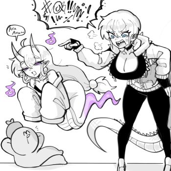 1boy 2girls anger_vein angry blue_eyes breasts choker cleavage dragon_girl dragon_tail ear_piercing earrings english_text fingerless_gloves floating ghost ghost_girl gloves greyscale highres hood hoodie horns jacket jewelry kame-chan_(oligogi_meoggosipda) large_breasts long_hair long_sleeves monochrome monster_girl multiple_girls oligogi_meoggosipda open_mouth original pants piercing pointing pointy_ears purple_eyes sharp_teeth short_hair simple_background sleeves_past_fingers sleeves_past_wrists spot_color tail teeth white_background