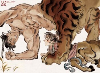 Rule 34 | 1boy, 1girl, 4 virgin, black hair, blue eyes, brown hair, centauroid, chinese clothes, claws, commentary request, deer girl, hair bun, hanfu, highres, long hair, looking at another, monster boy, monster girl, muscular, muscular male, original, outdoors, pink hanfu, ponytail, short hair, taur, tiger boy, yellow background