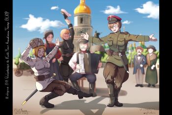 2boys 5girls absurdres accordion belt black_footwear black_jacket blonde_hair church closed_eyes closed_mouth colored_skin cossack_dance cross dirty dirty_clothes dirty_face facial_hair fluffkaiser fur_hat hat highres instrument jacket laughing messy military military_hat military_uniform multiple_boys multiple_girls music mustache original orthodox_cross outdoors papakha russia russian russian_(nationality) russian_ground_forces russian_civil_war russian_clothes russian_commentary russian_empire russian_text serious singing smoking square strap translated tuxedo twitter_username village white_hat white_jacket white_army white_skin wooden_wall