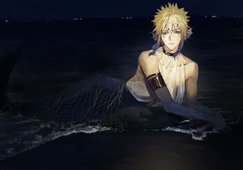 1boy armlet blonde_hair blue_eyes collarbone commentary_request facial_mark fins frown halterneck head_fins highres hngbo652804 jewelry low-tied_sidelocks male_focus merman monster_boy multicolored_hair naruto_(series) naruto_shippuuden net night ocean sidelocks solo two-tone_hair whisker_markings