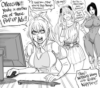 3girls absurdres bb_(baalbuddy) bodysuit breasts cassandra_alexandra cleavage commentary computer computer_keyboard computer_mouse covered_erect_nipples covered_navel emphasis_lines english_commentary english_text female_focus greyscale hand_on_own_hip hand_up highres large_breasts laurel_crown long_hair monitor monochrome multiple_girls ninja shouting siblings sisters skin_tight sophitia_alexandra soul_calibur soulcalibur soulcalibur_iv speech_bubble sword sword_on_back taki_(soulcalibur) weapon weapon_on_back