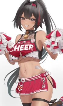 1girl bay_(nikke) black_hair black_thighhighs breasts cheerleader clothes_writing collar commentary crop_top crop_top_overhang dark-skinned_female dark_skin goddess_of_victory:_nikke grey_eyes grin hair_intakes hands_up highleg highleg_panties highres holding holding_pom_poms large_breasts leg_ribbon light_blush lock long_hair looking_at_viewer miniskirt mole mole_on_breast mole_on_stomach mole_on_thigh mole_under_eye mole_under_mouth multicolored_hair multiple_moles navel padlock padlocked_collar panties pom_pom_(cheerleading) pom_poms ponytail randgriz96 red_hair red_skirt ribbon side-tie_panties simple_background skirt smile spiked_collar spikes standing stomach streaked_hair thigh_ribbon thighhighs underboob underwear white_background white_panties