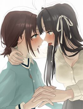 2girls absurdres after_kiss aqua_shirt arm_around_shoulder awa_subaru backlighting black_hair blush breasts brown_hair button_gap cleavage collar contrast_collar eye_contact girls_band_cry highres holding_hands interlocked_fingers iseri_nina korean_commentary long_hair long_sleeves looking_at_another medium_breasts multiple_girls okokorika saliva saliva_trail shirt sweat tongue tongue_out white_collar white_shirt yuri