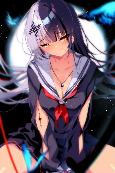 1girl alternate_costume black_hair black_serafuku black_skirt blue_butterfly breasts bug butterfly chisa_(wuthering_waves) chisa_(wuthering_waves)_(cosplay) cleavage closed_mouth cosplay grey_hair highres hololive hololive_english insect large_breasts long_hair looking_at_viewer multicolored_hair neckerchief red_neckerchief school_uniform serafuku shiori_novella skirt smile solo split-color_hair tacet_mark_(wuthering_waves) the0neulost two-tone_hair virtual_youtuber wuthering_waves yellow_eyes