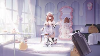 1girl absurdres animal_ears animal_print ass azur_lane baby_bottle bikini bottle breasts chair cow_ears cow_horns cow_print cowpens_(azur_lane) cowpens_(milky_ministrations)_(azur_lane) elbow_gloves full_body garter_straps gloves highres holding holding_bottle horns huge_breasts kneeling long_hair looking_at_viewer maid maid_headdress mirror navel non-web_source official_alternate_costume official_art open_mouth puffy_short_sleeves puffy_sleeves red_shoes reflection shoes short_sleeves side-tie_bikini_bottom smile solo stomach string_bikini swimsuit thighhighs thong thong_bikini transparent_chair unconventional_maid white_garter_straps white_gloves white_thighhighs yd_(orange_maru)