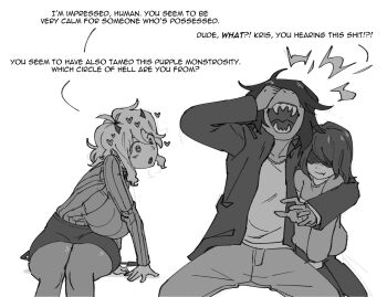 1other 2girls breasts deltarune demon demon_girl demon_horns demon_tail dragon_girl english_text enjoyment_(modeus_enjoyer) greyscale hand_on_own_face heart heart-shaped_pupils helltaker highres horns hug kris_(deltarune) large_breasts laughing looking_at_another modeus_(helltaker) monochrome multiple_girls open_mouth pantyhose shaded_face sharp_teeth sitting skirt susie_(deltarune) sweater symbol-shaped_pupils tail teeth utdr_(toby_fox)