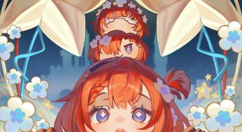 Rule 34 | 3girls, absurdres, black hairband, blue eyes, commentary request, cross-shaped pupils, flower, hair over one eye, hairband, head wreath, highres, honkai: star rail, honkai (series), multiple girls, open mouth, red hair, short hair, star (symbol), symbol-shaped pupils, teeth, totomong, trianne (honkai: star rail), tribbie (honkai: star rail), trinnon (honkai: star rail), upper teeth only, white flower