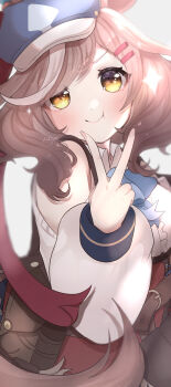 1girl :t absurdres animal_ears bare_shoulders blue_hat blush brown_eyes brown_hair closed_mouth clothing_cutout commentary_request fingernails hat highres horse_ears horse_girl kurumiya_(krmy_p) long_sleeves looking_at_viewer matikanetannhauser_(panpaka_tiltott)_(umamusume) matikanetannhauser_(umamusume) puffy_cheeks puffy_long_sleeves puffy_sleeves shirt shoulder_cutout smile solo sparkle tilted_headwear umamusume v v_over_mouth white_shirt white_streaks