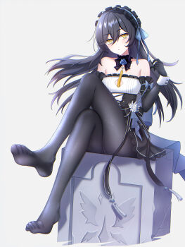 1girl absurdres bare_shoulders bell_rhys black_bow black_bowtie black_choker black_dress black_gloves black_hair black_headdress black_pantyhose blue_flower blue_rose bow bowtie choker cleavage_cutout clothing_cutout crossed_legs dress elbow_gloves flower frilled_dress frills full_body gloves grey_background highres long_hair neck_flower pantyhose rose simple_background sitting star_savior strapless strapless_dress user_rvna3452 white_flower white_wrist_cuffs wrist_cuffs yellow_eyes