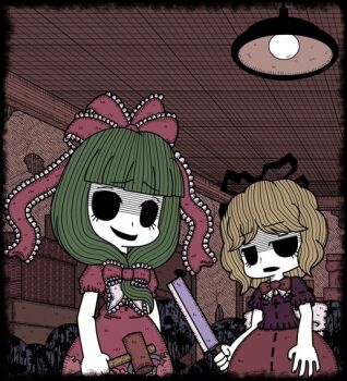 Rule 34 | 2girls, arms at sides, black eyes, blonde hair, bow, bowtie, ceiling light, cleaver, commentary request, cowboy shot, dress, frilled bow, frilled ribbon, frills, front ponytail, frown, genkidaun, green hair, hair bow, hammer, hatching (texture), holding, holding cleaver, holding hammer, indoors, jitome, linear hatching, long hair, looking at viewer, medicine melancholy, medium hair, multiple girls, open mouth, puffy short sleeves, puffy sleeves, purple shirt, red bow, red bowtie, red dress, red ribbon, red skirt, ribbon, shirt, short sleeves, skirt, smile, solid eyes, touhou