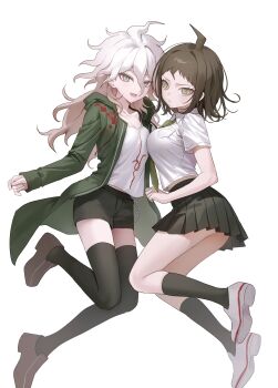 2girls :d absurdres ahoge breasts brown_eyes brown_shoes brown_shorts brown_skirt brown_thighhighs commentary danganronpa_(series) danganronpa_2:_goodbye_despair genderswap genderswap_(mtf) green_jacket hair_between_eyes highres hinata_hajime hood hood_down hooded_jacket jacket kn0309dg kneehighs komaeda_nagito large_breasts long_hair long_sleeves medium_hair miniskirt multiple_girls open_clothes open_jacket open_mouth pleated_skirt print_shirt shirt shoes shorts simple_background skirt smile socks thighhighs untranslatable_commentary white_background white_hair white_shirt white_shoes