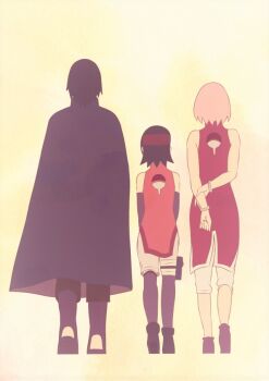 Rule 34 | 1boy, 2girls, black hair, boruto: naruto next generations, dress, eeshin (eishin5584), haruno sakura, multiple girls, naruto (series), pink hair, short hair, sleeveless, sleeveless dress, uchiha sarada, uchiha sasuke