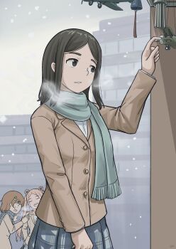 3girls absurdres black_hair blazer blue_eyes bow bowtie brown_eyes brown_hair brown_jacket commentary dark-skinned_female dark_skin english_commentary frog_hair_ornament grafhou gyaru hair_ornament highres jacket kessai_kiyoshi kogal long_hair long_sleeves medium_hair miniskirt misaka_mikoto multiple_girls outdoors pink_hair plaid_clothes plaid_skirt red_bow red_bowtie scarf school_uniform shin'enkouji_rurikakesu shirt skirt snowing toaru_kagaku_no_railgun toaru_majutsu_no_index tokiwadai_school_uniform white_shirt winter_uniform