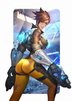 1girl artist_name ashes ass blurry blurry_background bracelet breasts brown_hair ear_piercing goggles goggles_on_head gun holding holding_weapon huge_ass jacket jewelry large_breasts leggings lips looking_at_viewer looking_back neoartcore open_mouth overwatch piercing smile teeth torn_clothes tracer_(overwatch) union_jack union_jack_print weapon