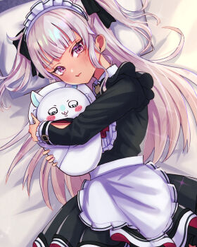 1girl absurdres animal animal_hug apron black_dress closed_mouth commentary_request dark-skinned_female dark_skin dress grey_hair highres itsuki_isshiki long_hair looking_at_viewer lying maid maid_apron maid_headdress matsukai_mao matsukai_mao_(2nd_costume) nijisanji official_alternate_costume on_side purple_eyes solo virtual_youtuber white_apron