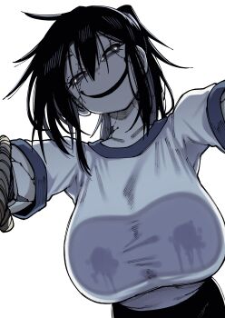 1girl above_view absurdres ayakakashi black_eyes black_hair breasts cracked_face creepy creepy_smile female_focus gym_uniform highres huge_breasts karasu_raven lactation lactation_through_clothes leaking long_hair looking_at_viewer monster monster_girl open_mouth outstretched_arms ponytail pov school_uniform silent_hill silent_hill_(series) silent_hill_f smile smiley_face solo solo_focus spread_arms staring white_background