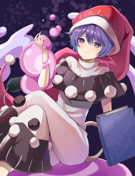 1girl absurdres black_capelet blob blue_eyes blue_hair blush book capelet closed_mouth crossed_legs doremy_sweet dream_soul dress hair_between_eyes hat highres koizumo multicolored_dress nightcap pom_pom_(clothes) red_hat short_hair solo tail tapir_tail touhou