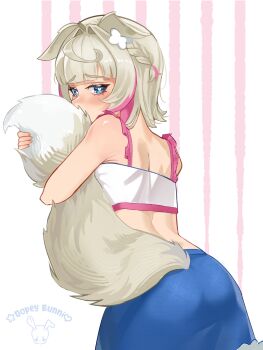 1girl animal_ears artist_name ass blonde_hair blue_eyes blue_skirt commentary crop_top dog_ears dog_girl dog_tail dopeybunni english_commentary grabbing_own_tail heart heart-shaped_pupils highres hololive hololive_english mococo_abyssgard mococo_abyssgard_(casual) multicolored_hair official_alternate_costume pink_streaks shirt skirt solo streaked_hair symbol-shaped_pupils tail virtual_youtuber white_shirt