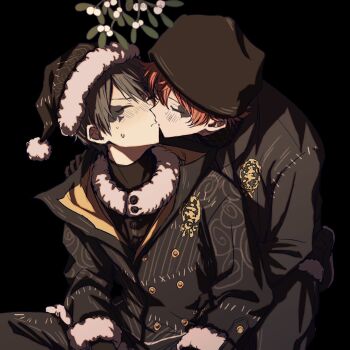 2boys ace_trappola black_background black_gloves black_hair blush closed_eyes deuce_spade fur_trim gloves hat highres iceee63 kiss long_sleeves multiple_boys red_hair santa_hat twisted_wonderland