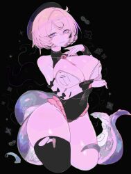 1girl accessories asymmetrical_shorts bare_shoulders black_hat blonde_hair breasts commentary hat high-waist_shorts highres large_breasts looking_at_viewer mole mole_under_mouth monster_girl octopus purple_eyes scylla short_hair shorts solo spiral tentacle_between_breasts tentacle_tail tentaclejob tentacles usa37107692 yidhari_murphy zenless_zone_zero