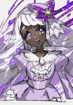 1girl :d commentary_request dark-skinned_female dark_skin dated dress eyelashes hair_ornament happy head_tilt highres jacinthe_(pokemon) long_hair looking_at_viewer nintendo open_mouth pokemon pokemon_legends:_z-a puffy_sleeves purple_dress purple_eyes smile solo teeth uguisu_ann upper_teeth_only white_hair